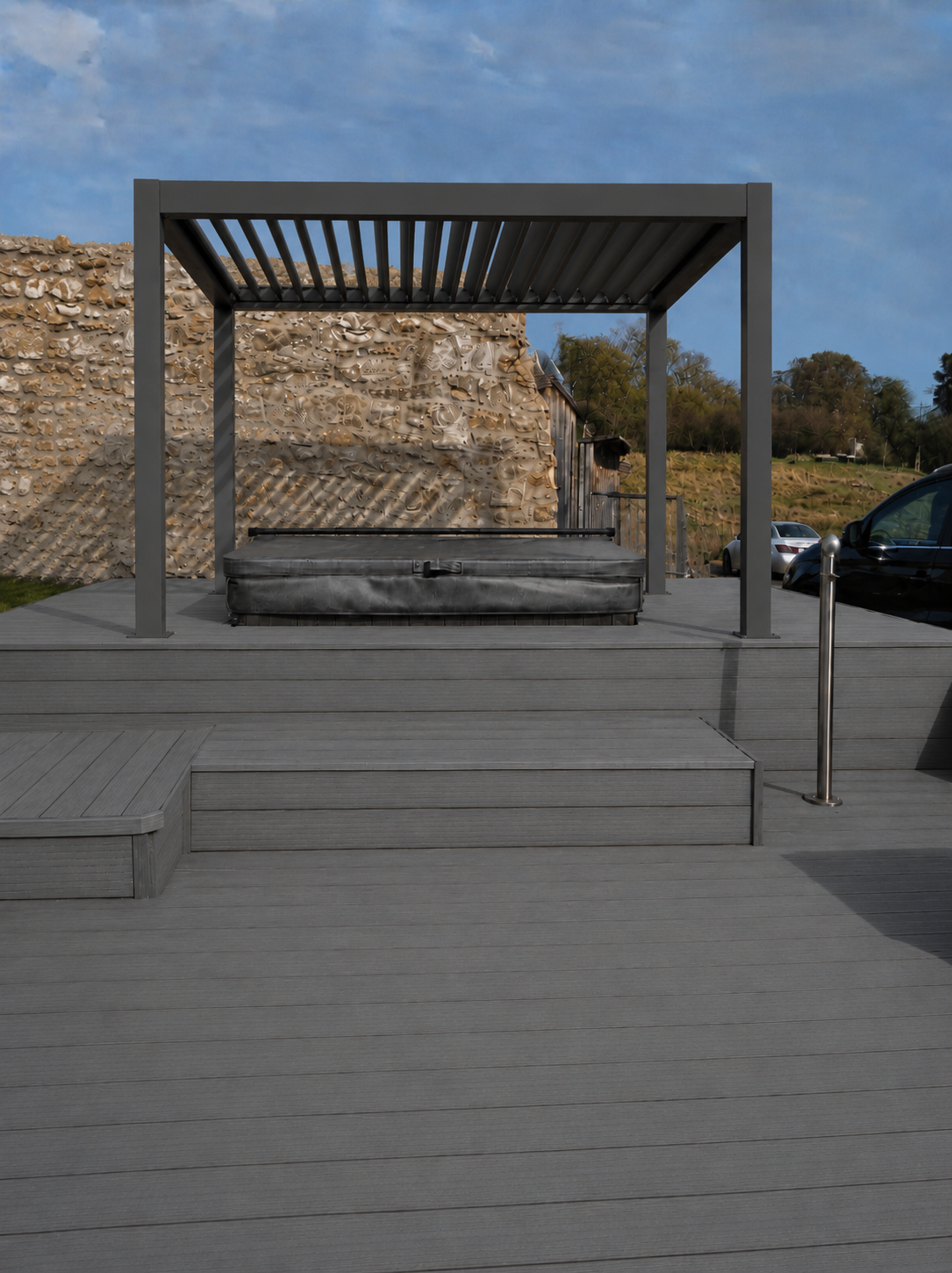 Composite decking with glass balustrade and outdoor seating