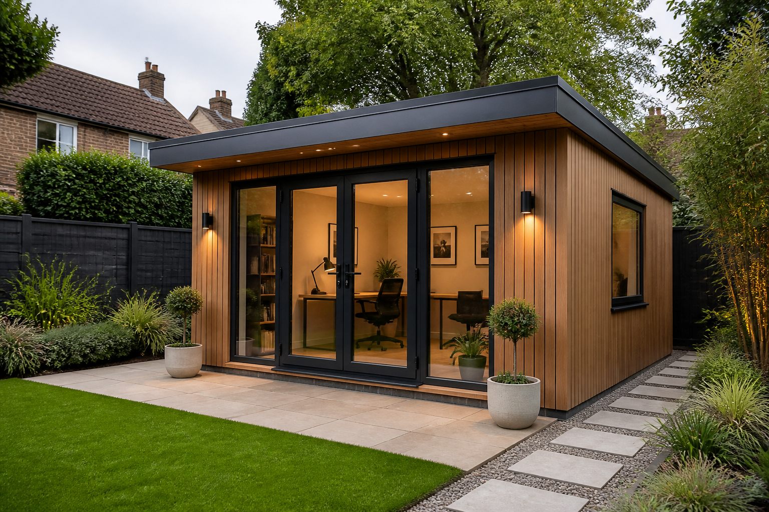 Modern timber garden room office in a landscaped British garden