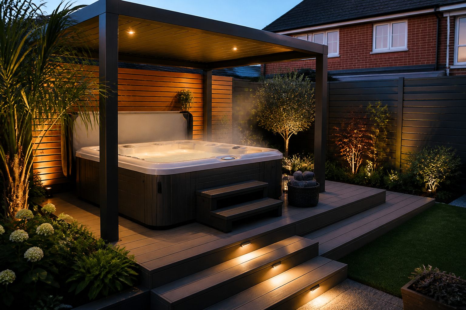 Covered hot tub area with composite decking and privacy screening