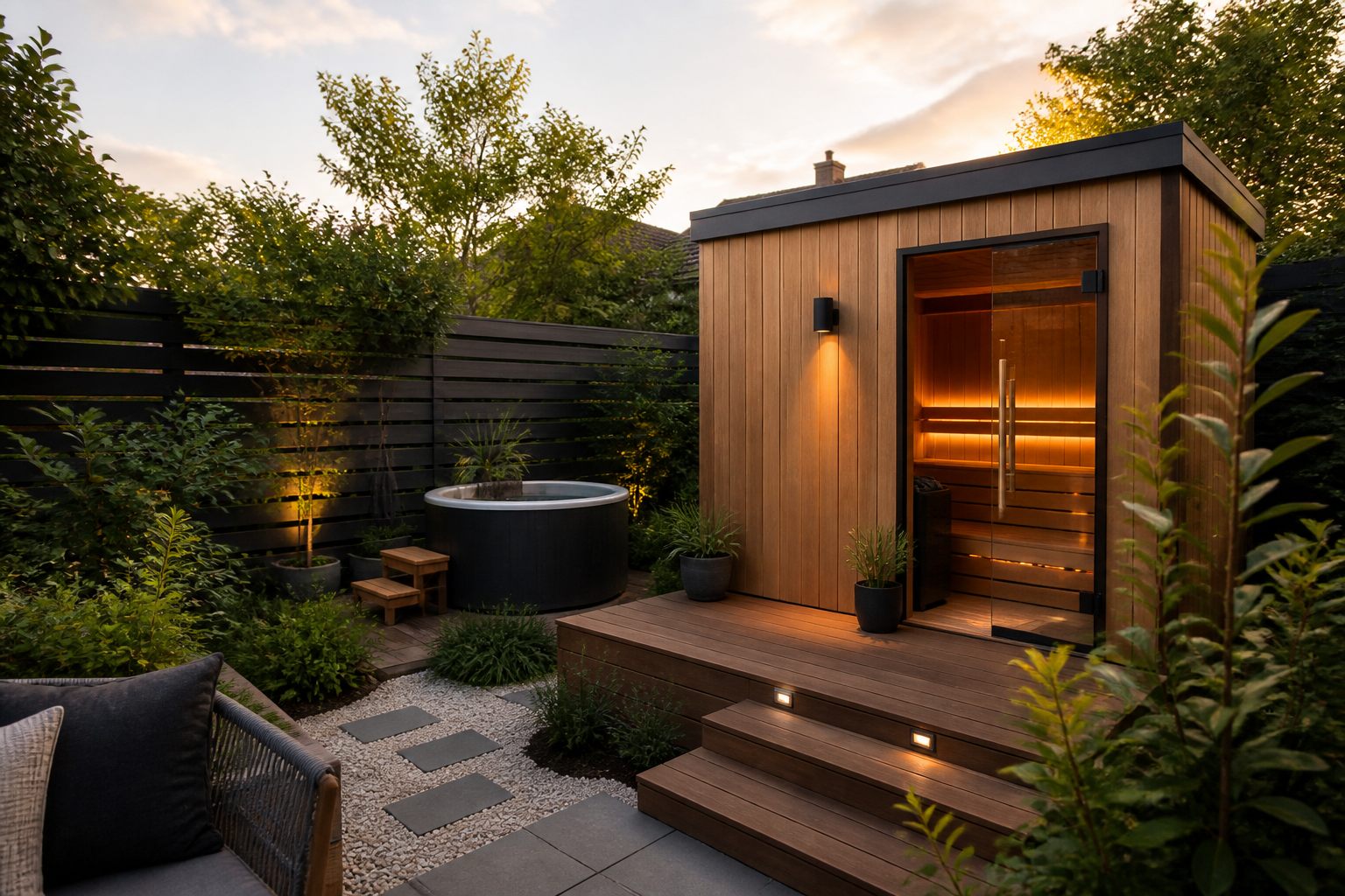 Outdoor sauna and cold plunge area in a private garden