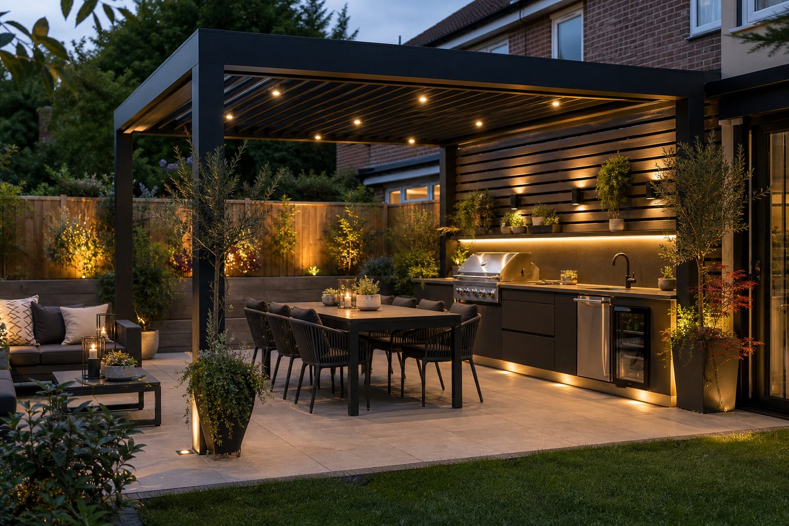 Pergola and outdoor kitchen with dining area in a domestic garden